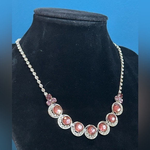Vintage Jewelry - Vintage Christine Collection Pink White Rhinestone Silver Toned Fashion Necklace